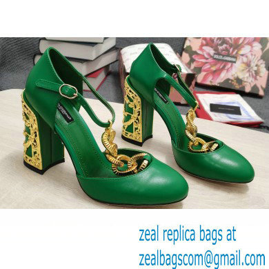 Dolce  &  Gabbana Logo Heel 10.5cm Chain leather T-strap Pumps Green 2022